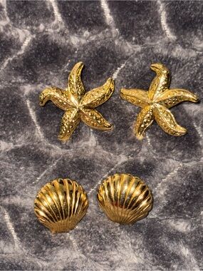 Avon Gold Starfish and Shell Earrings - Nautical Vintage Style